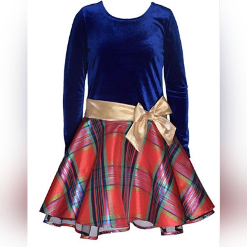 Bonnie Jean holiday Long Sleeved Velvet Bodice to Plaid Skirt Dress 14 Christmas